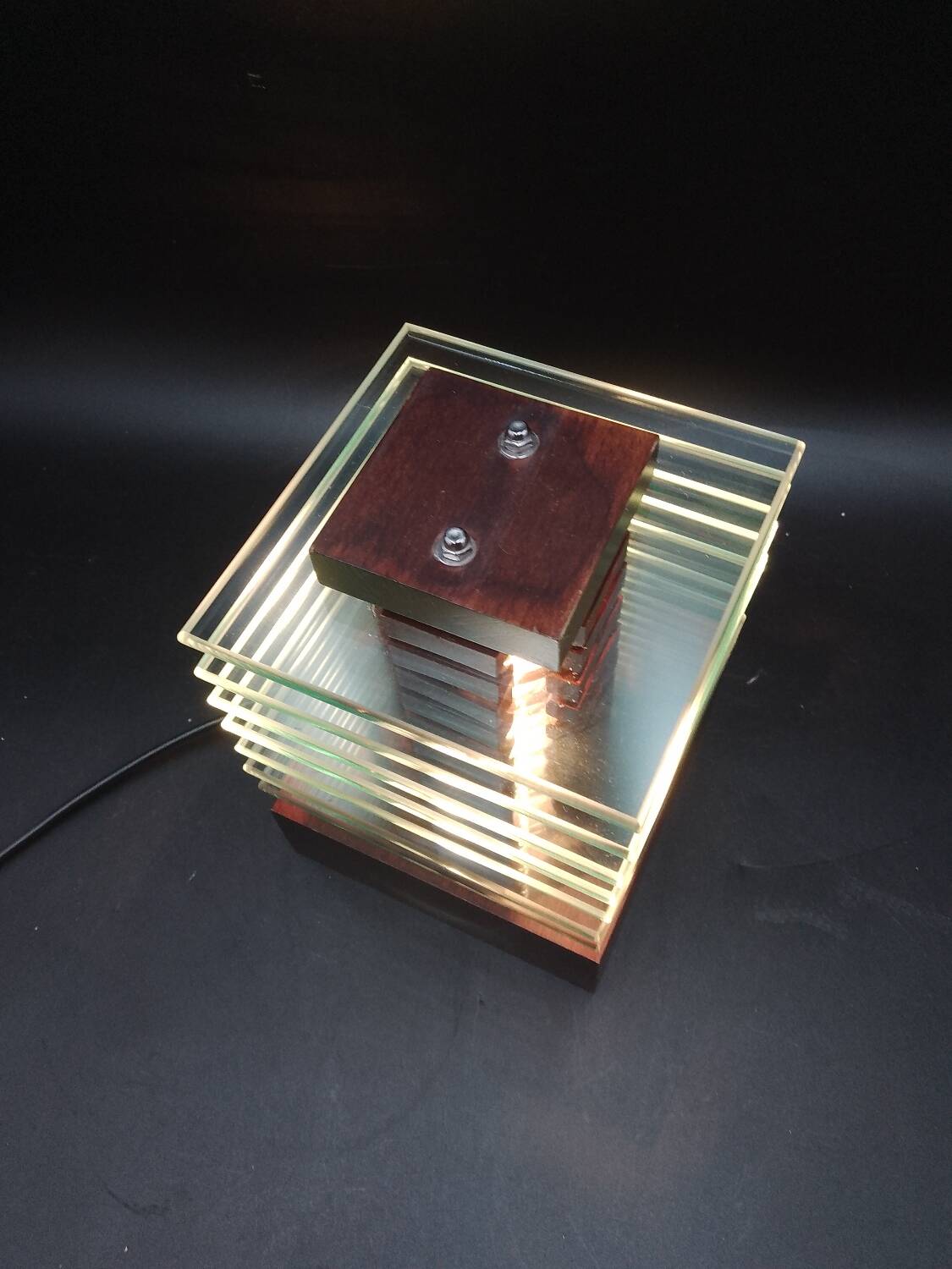 Desny Demeter glass and wood lamp, modernist art deco reissue