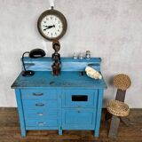 Wooden commercial workshop furniture with 4 drawers and 2 hinged doors - original patina