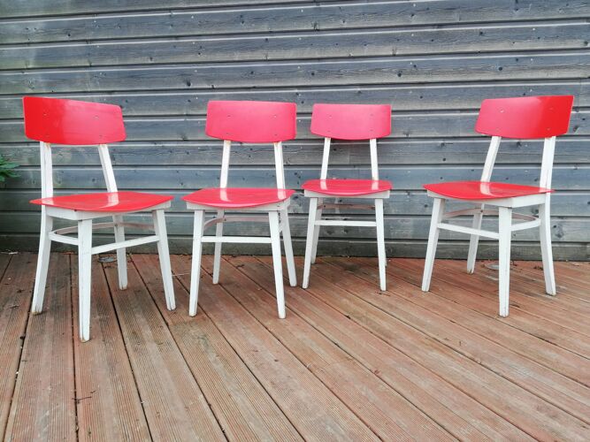 Lot de 4 chaises, années 70, rouge et blanc, bois et plastique