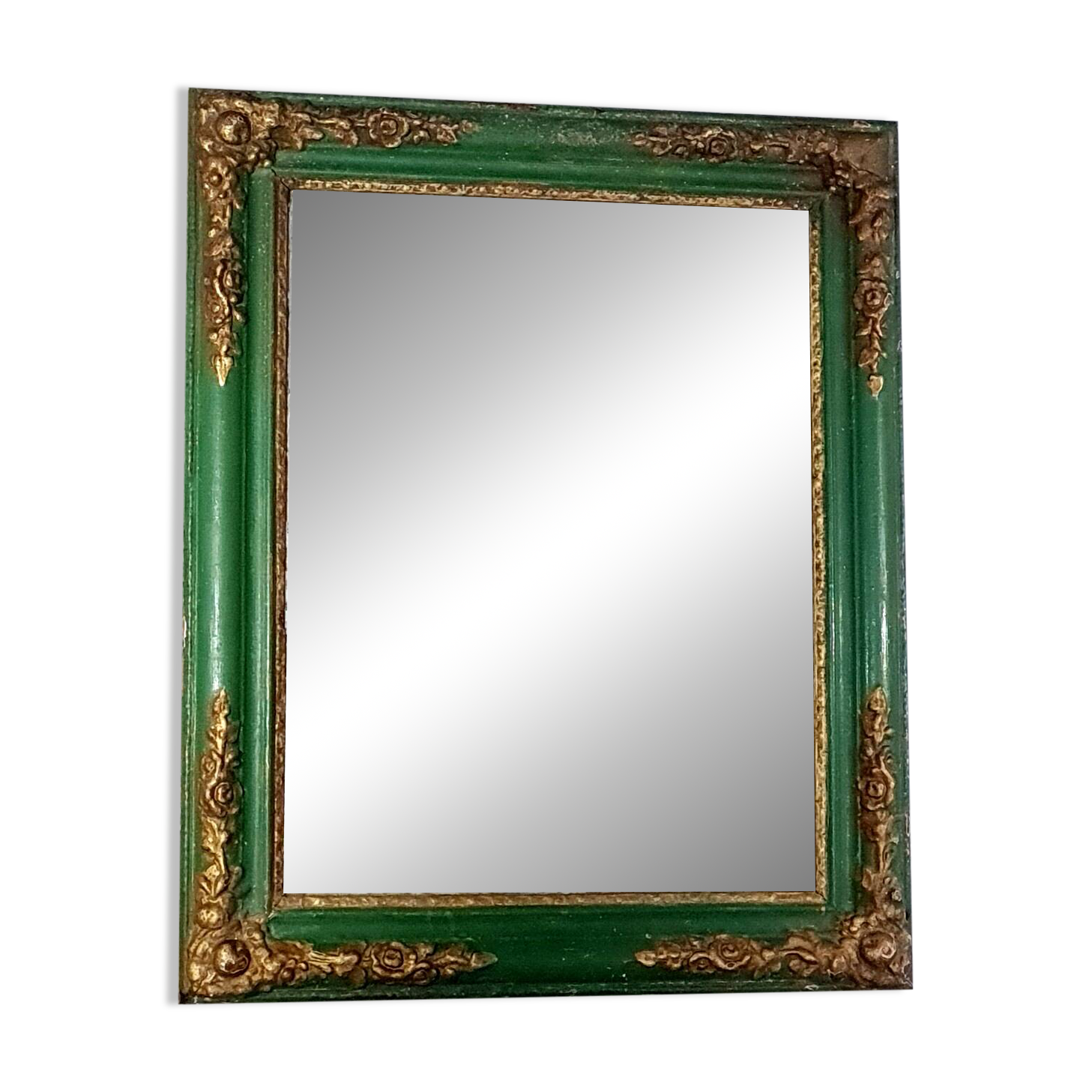 Antique mirror with green and gold stucco wood frame 73x62 cm C626