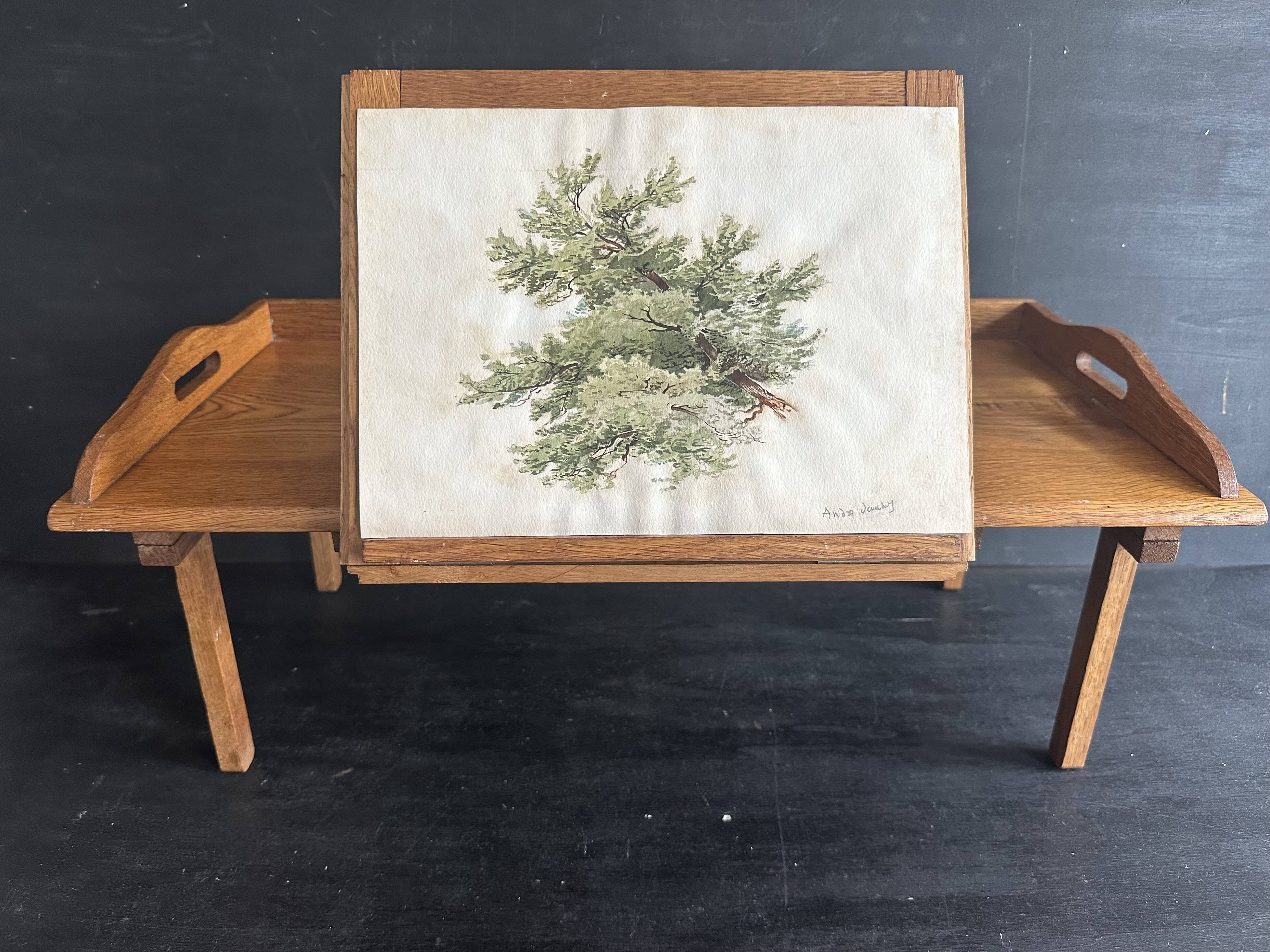 Manufrance wooden bedside table, folding tray with book holder.