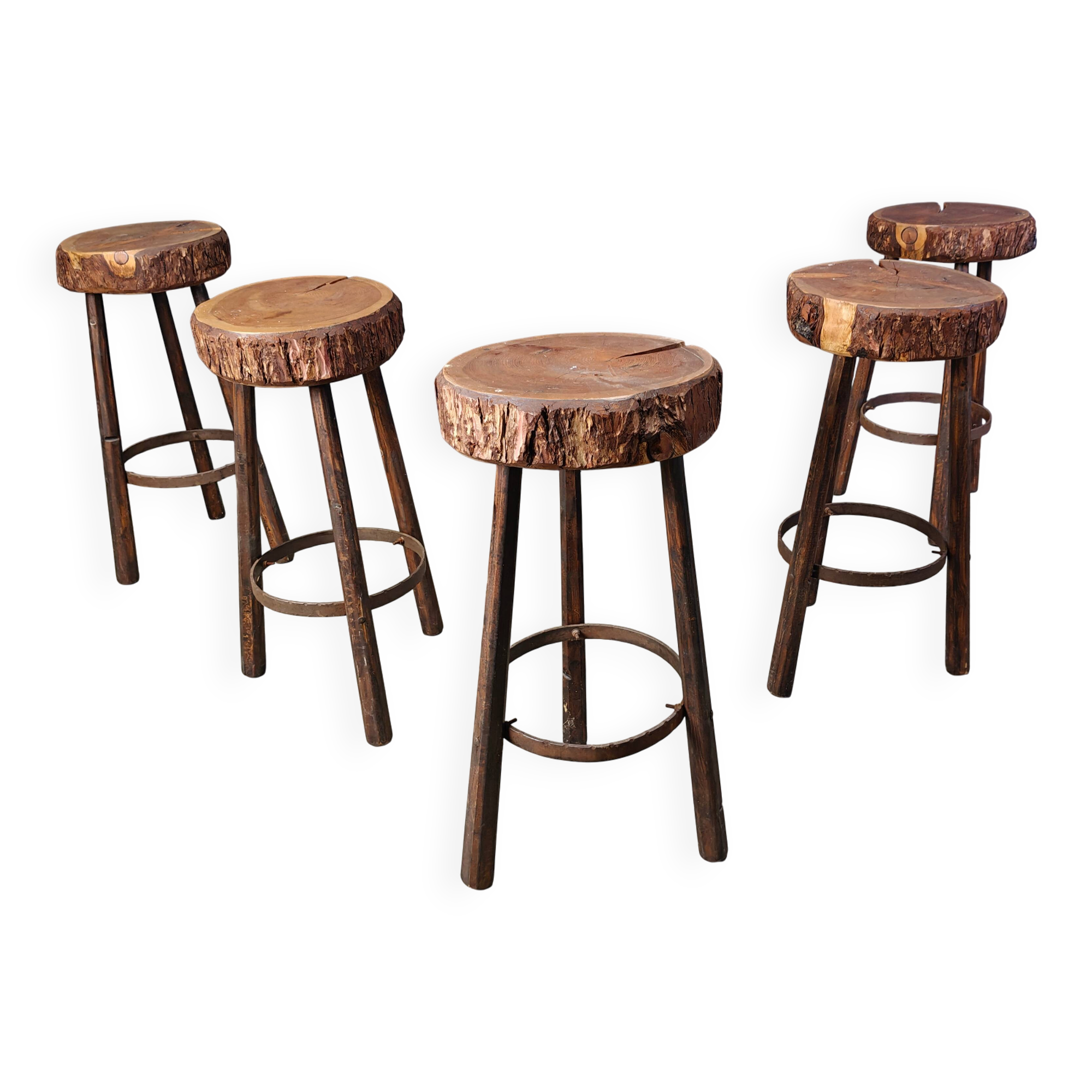 5 tabourets de bar en tronc d'arbre, années 1970