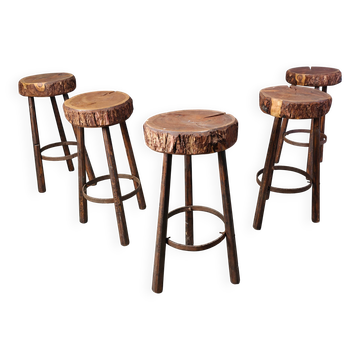 5 tabourets de bar en tronc d'arbre, années 1970