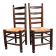 Duo of vintage rustic straw straw chairs in oak.