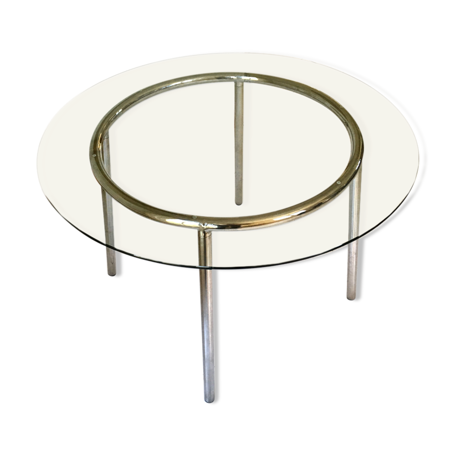 Table ronde design 1970 en verre et métal