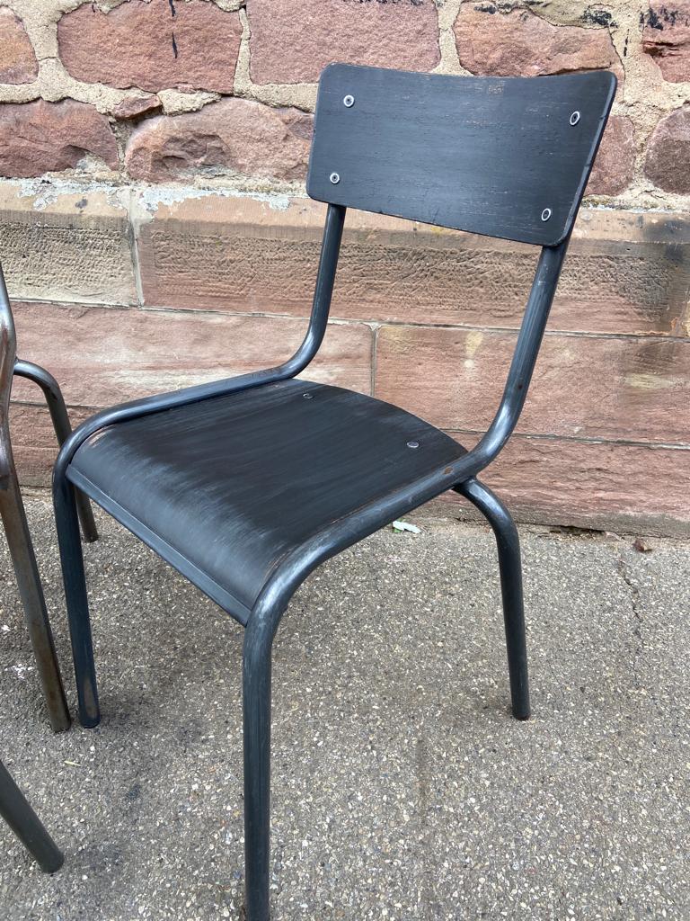 4 industrial school chairs tubular steel and mullca type wood