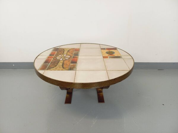 Table basse ronde vintage de Jean Gregorieff pour Roche Bobois des années 60 70 en céramique acier