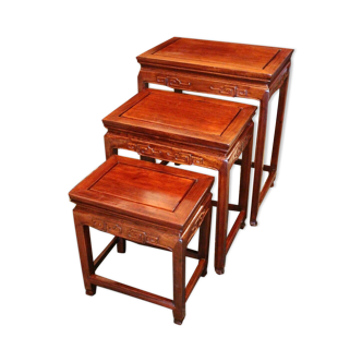Suite of 3 pull-out tables in exotic wood China Far East