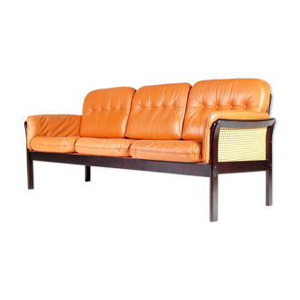 Retro vintage danish leather cane 3 seat seater sofa 60s 70s mid century modern