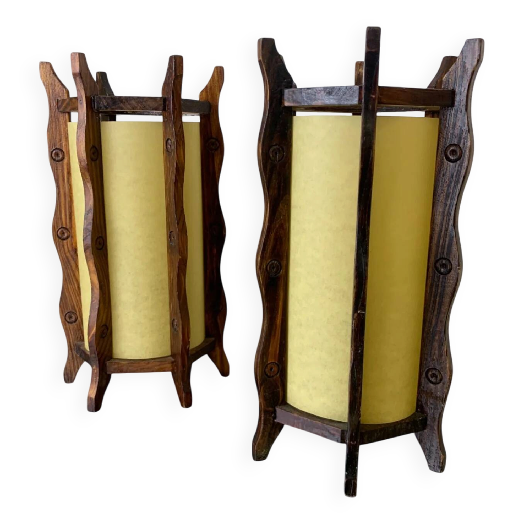 Pair of brutalist table lamps, wood & parchment, France, 1970s