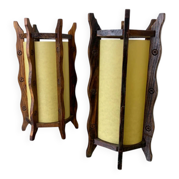 Pair of brutalist table lamps, wood & parchment, France, 1970s