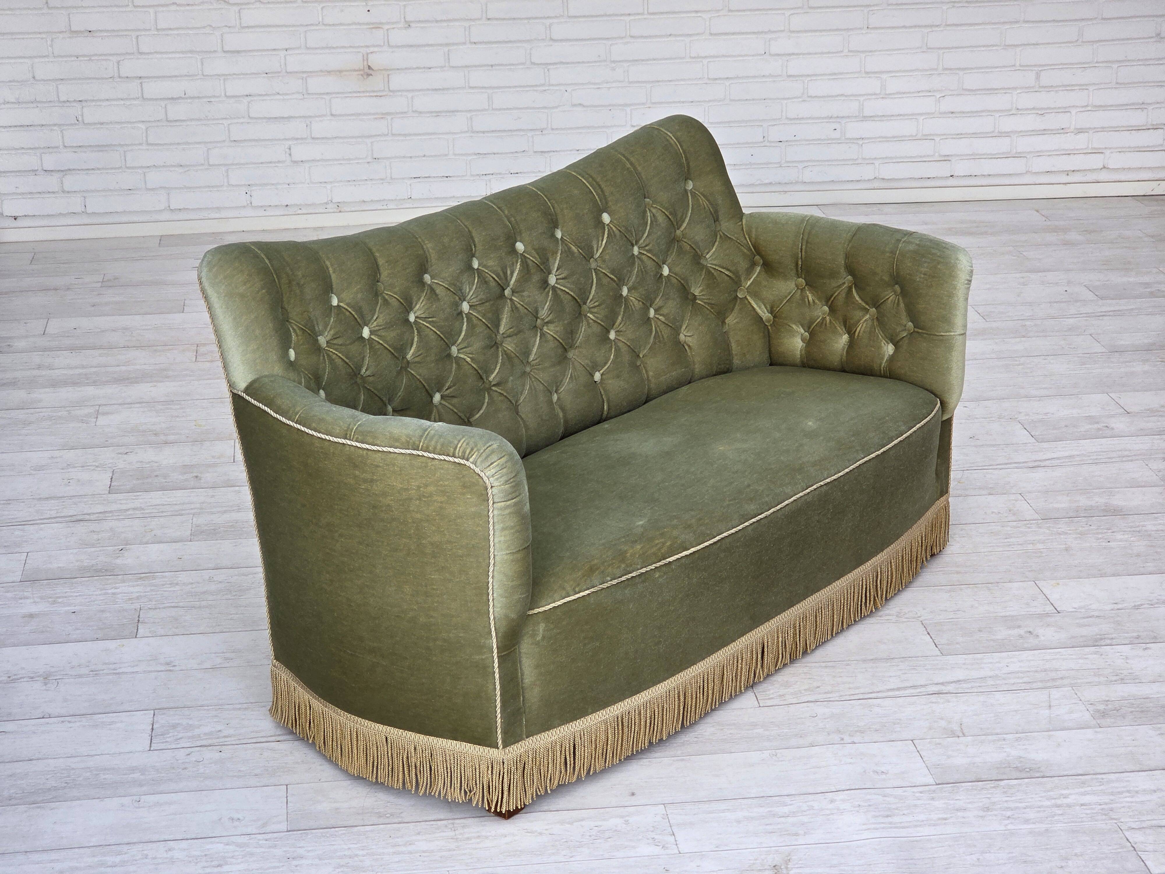 1960s, Danish 2-seater sofa, light green furniture velour, ash wood.