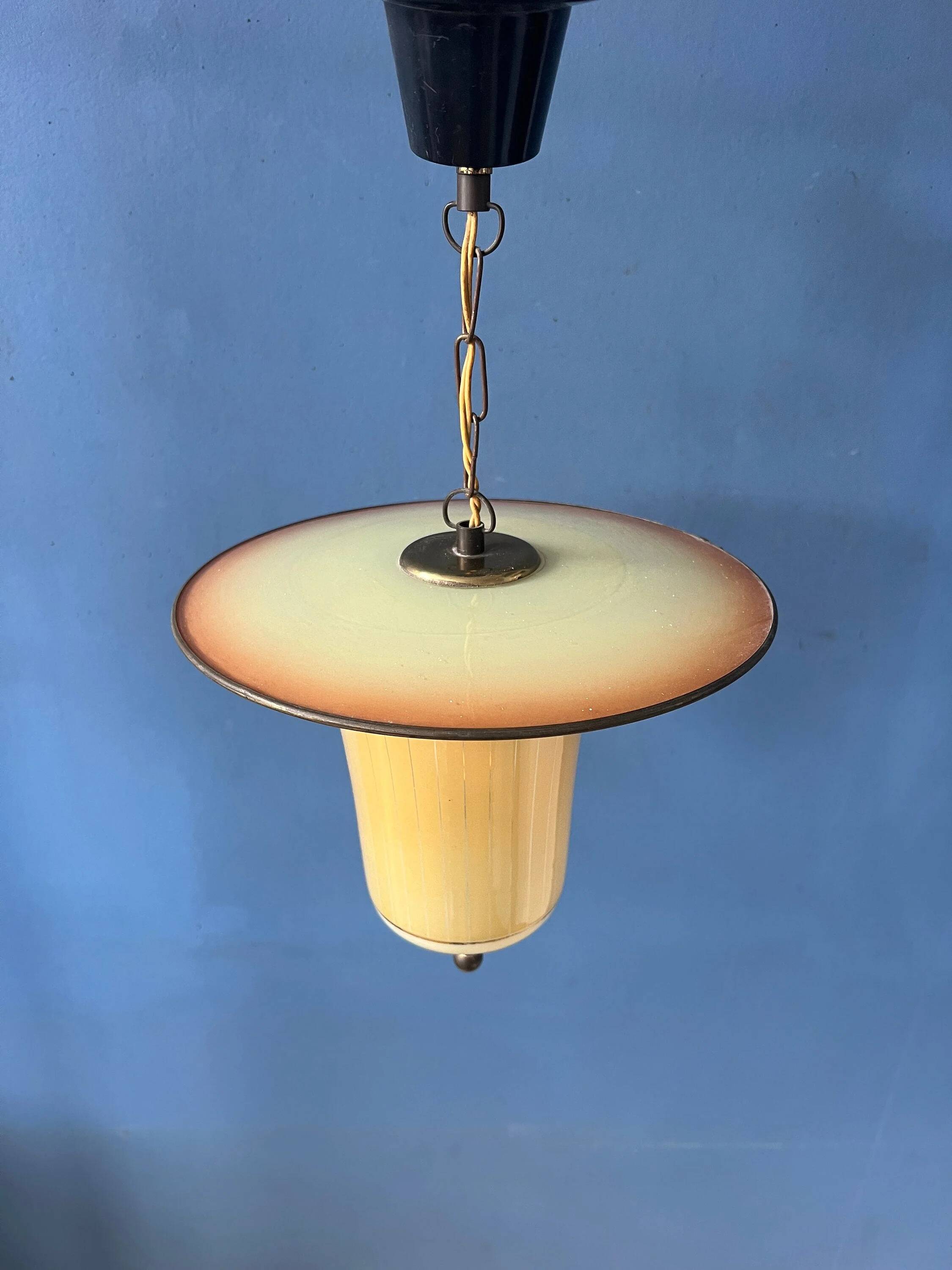 Vintage 1950s glass and brass pendant light.