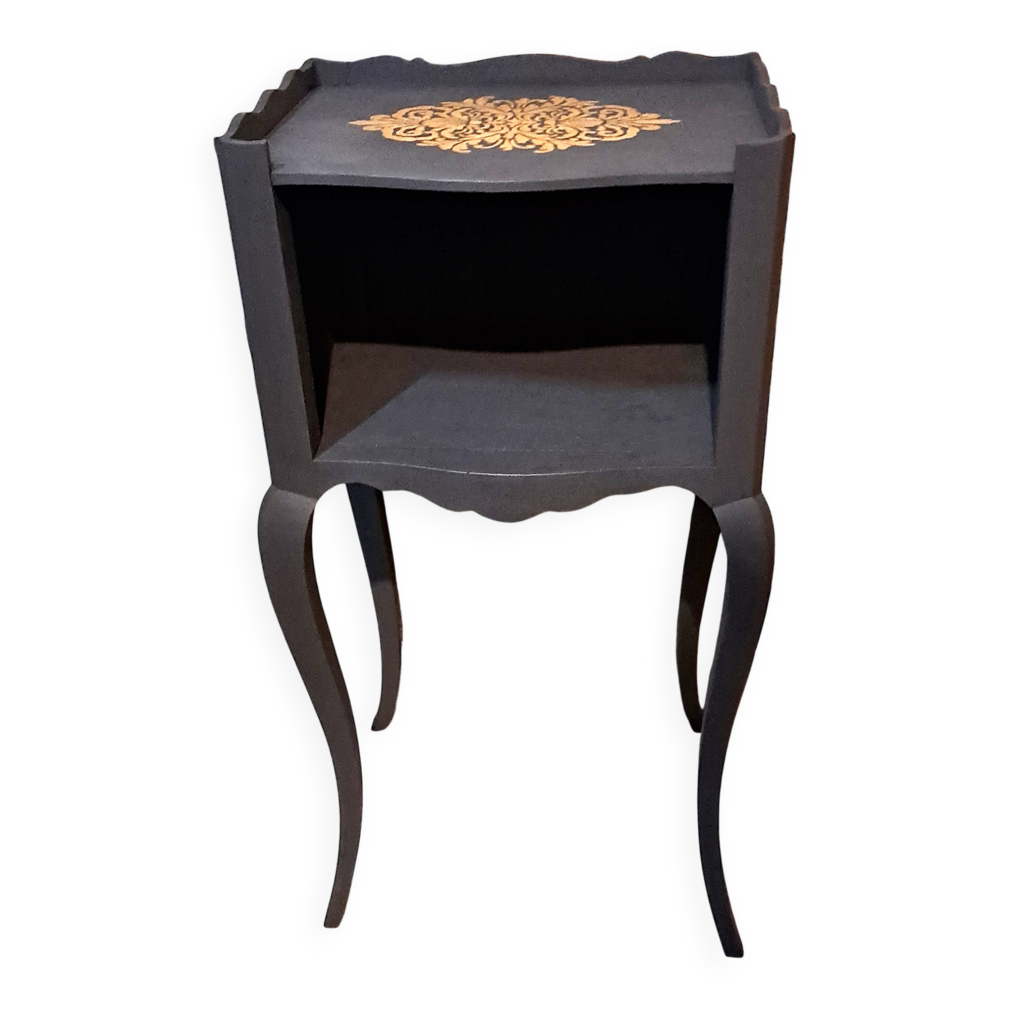 1930 bedside table, repainted wood in black with a golden rose motif.