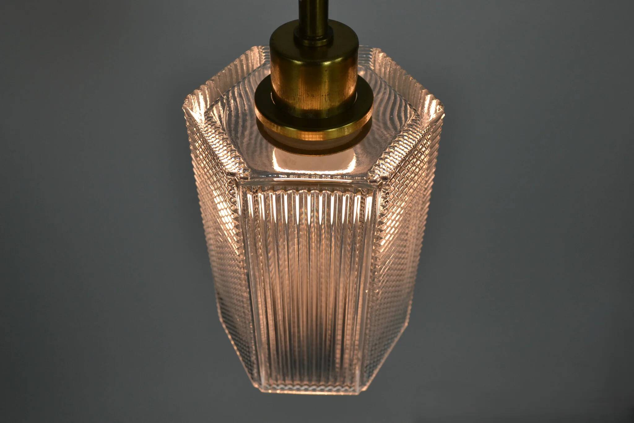 Pendant Lamp, Pressed Glass and Brass, 1960s, Sweden