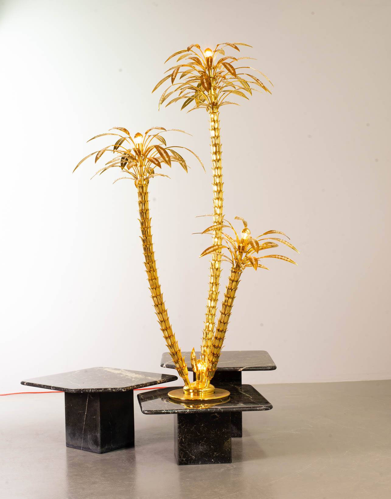Exquisite Italian Golden Palm Tree Floor Lamp with 3 Sparkling Branches 70s
