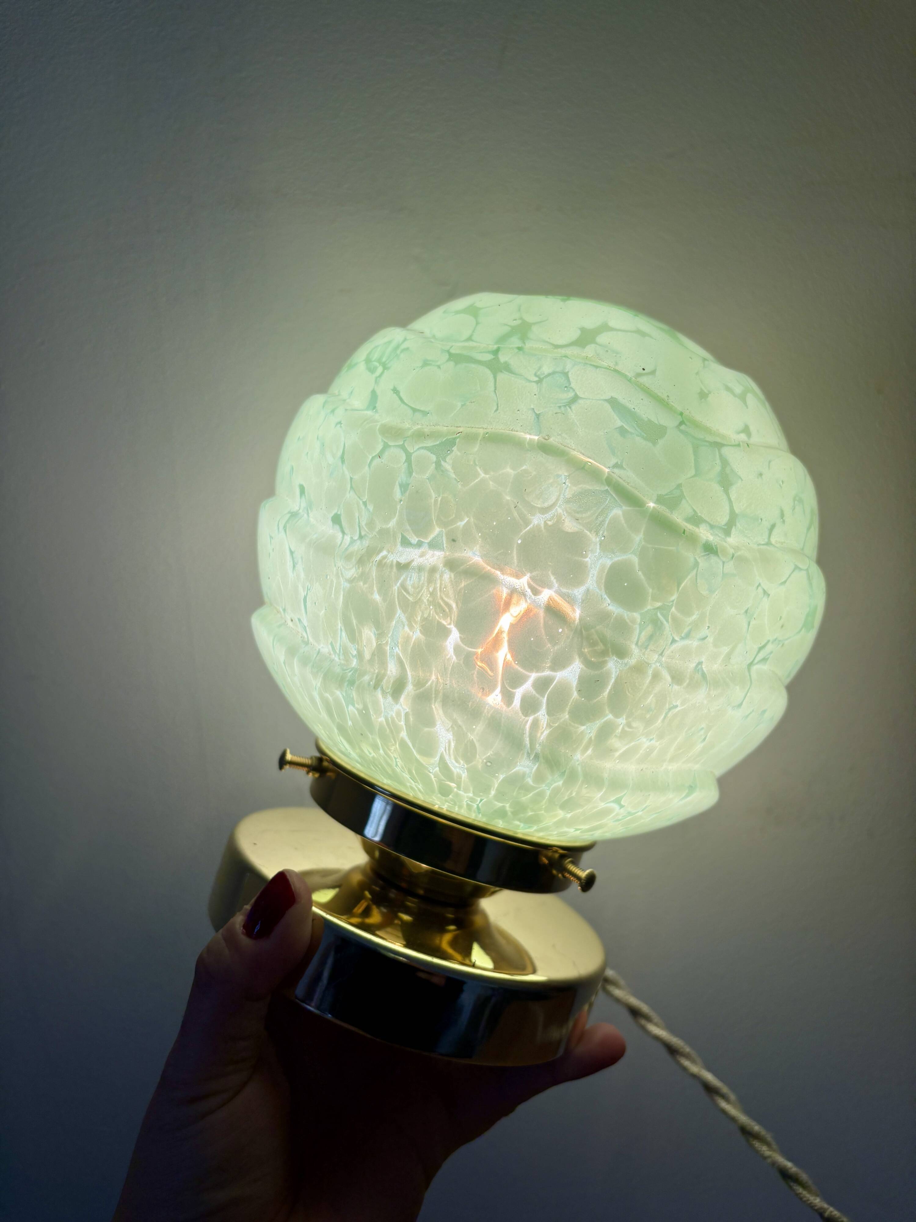 Vintage art deco globe table lamp in mint green Clichy glass