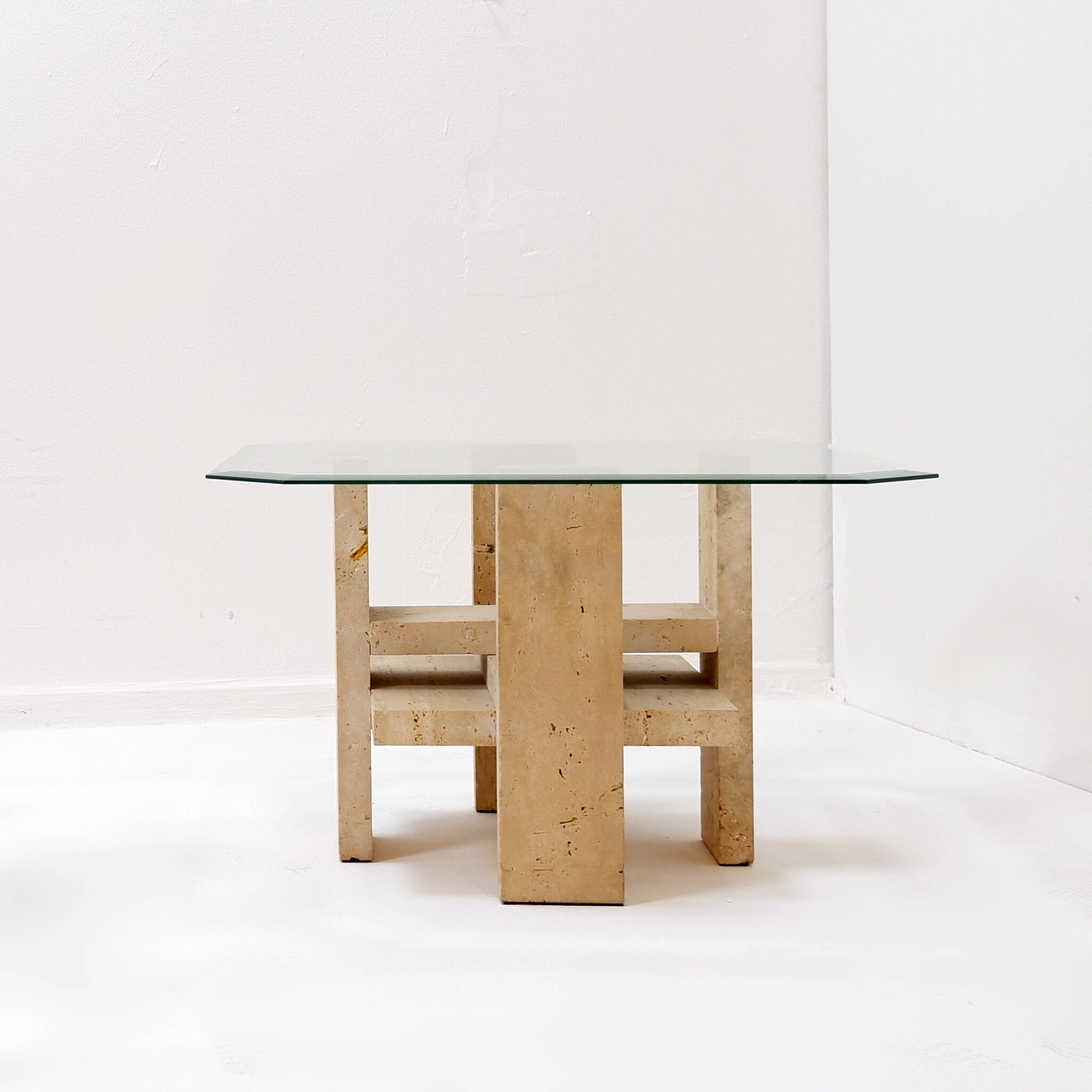 Pair of Travertine and Glass End Tables by Willy Ballez, Belgium 1970s