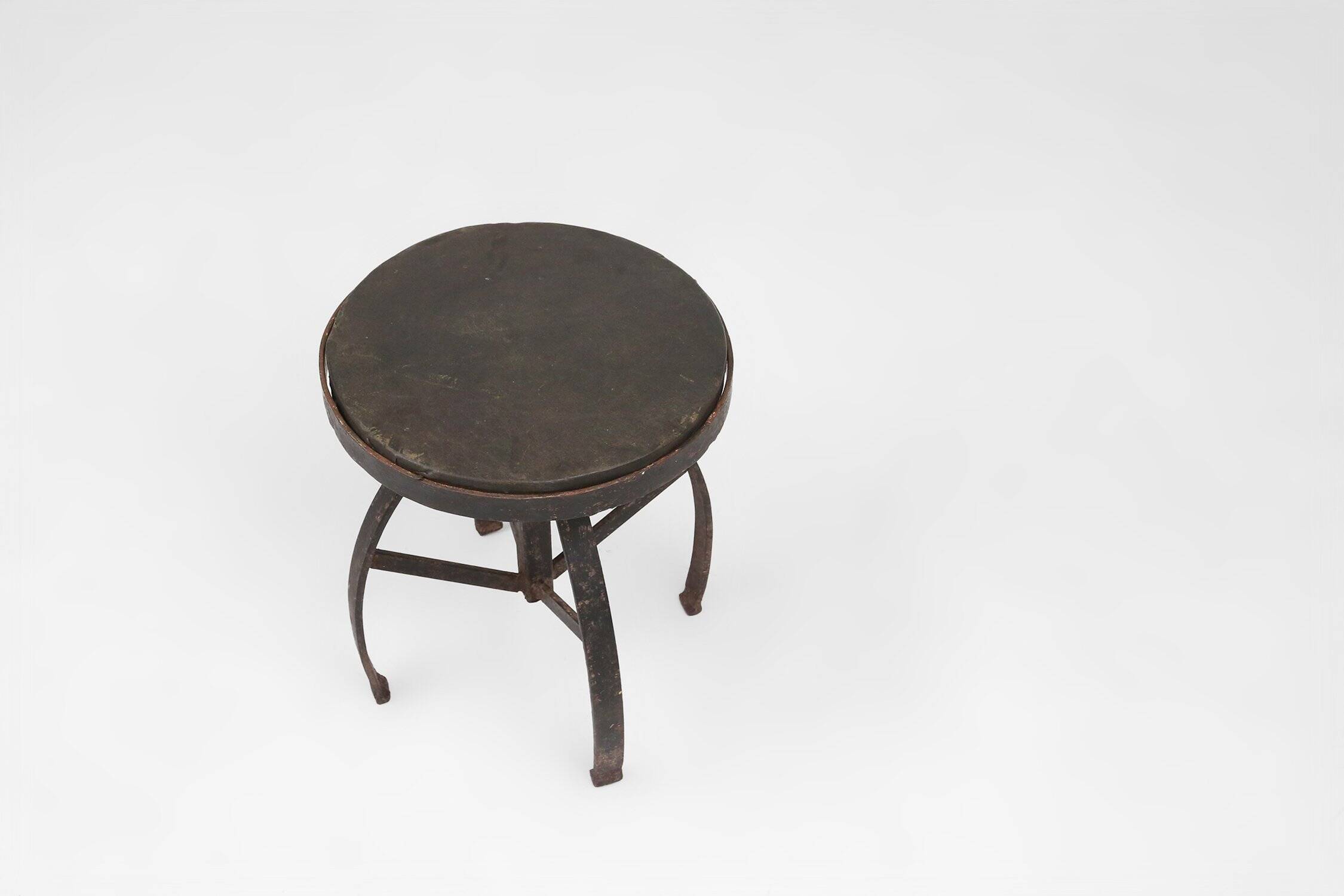 Industrial Black Metal Stool with Frame, France  1920s