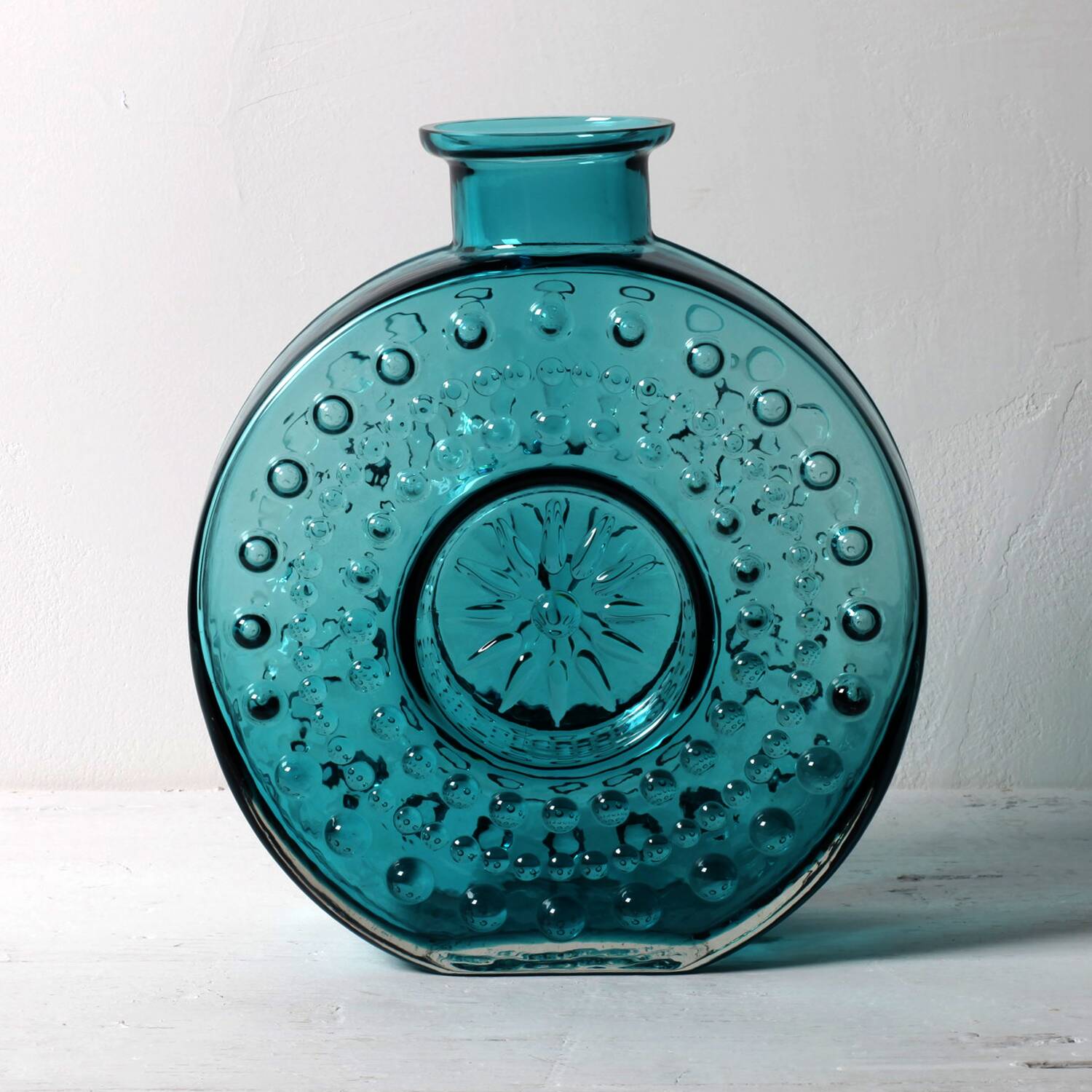 Vintage Teal Blue Glass Vase: Mid-Century Modern Sunburst Design / 1969
