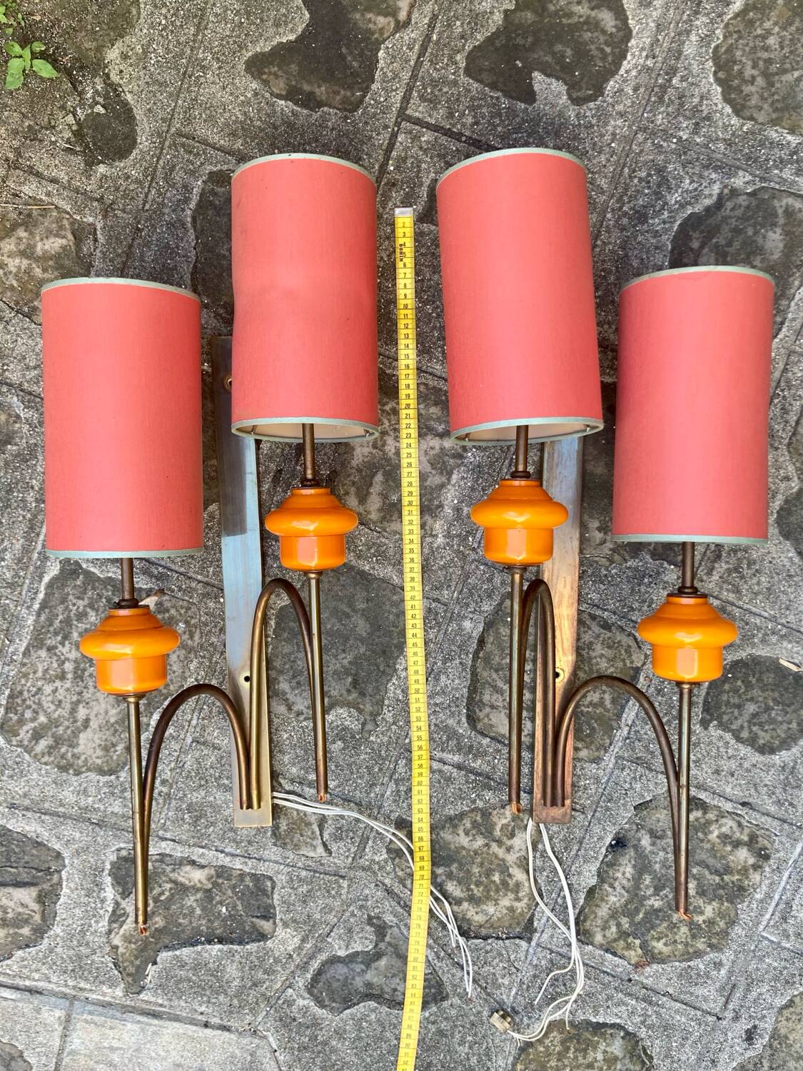 Large pair of wall sconces in brass and orange opaline glass