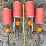 Large pair of wall lights in brass and orange opaline