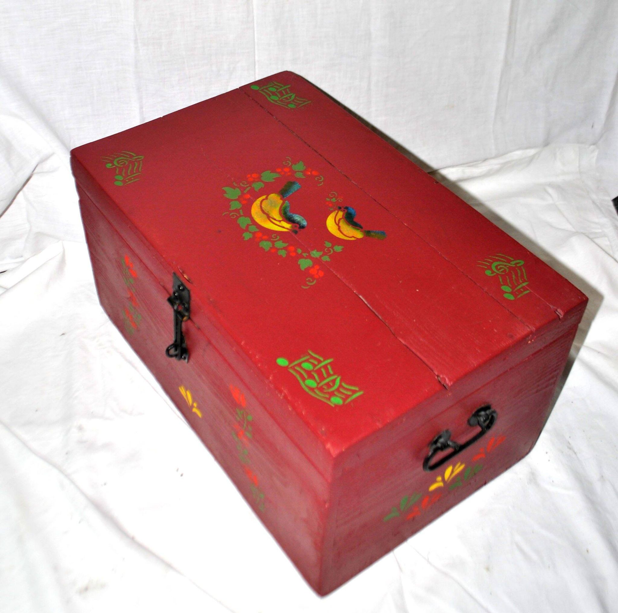 Vintage wooden trunk – toy chest or music box with painted stencil bird decoration.