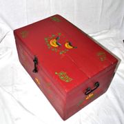 Vintage wooden trunk – toy chest or music box with painted stencil bird decoration.