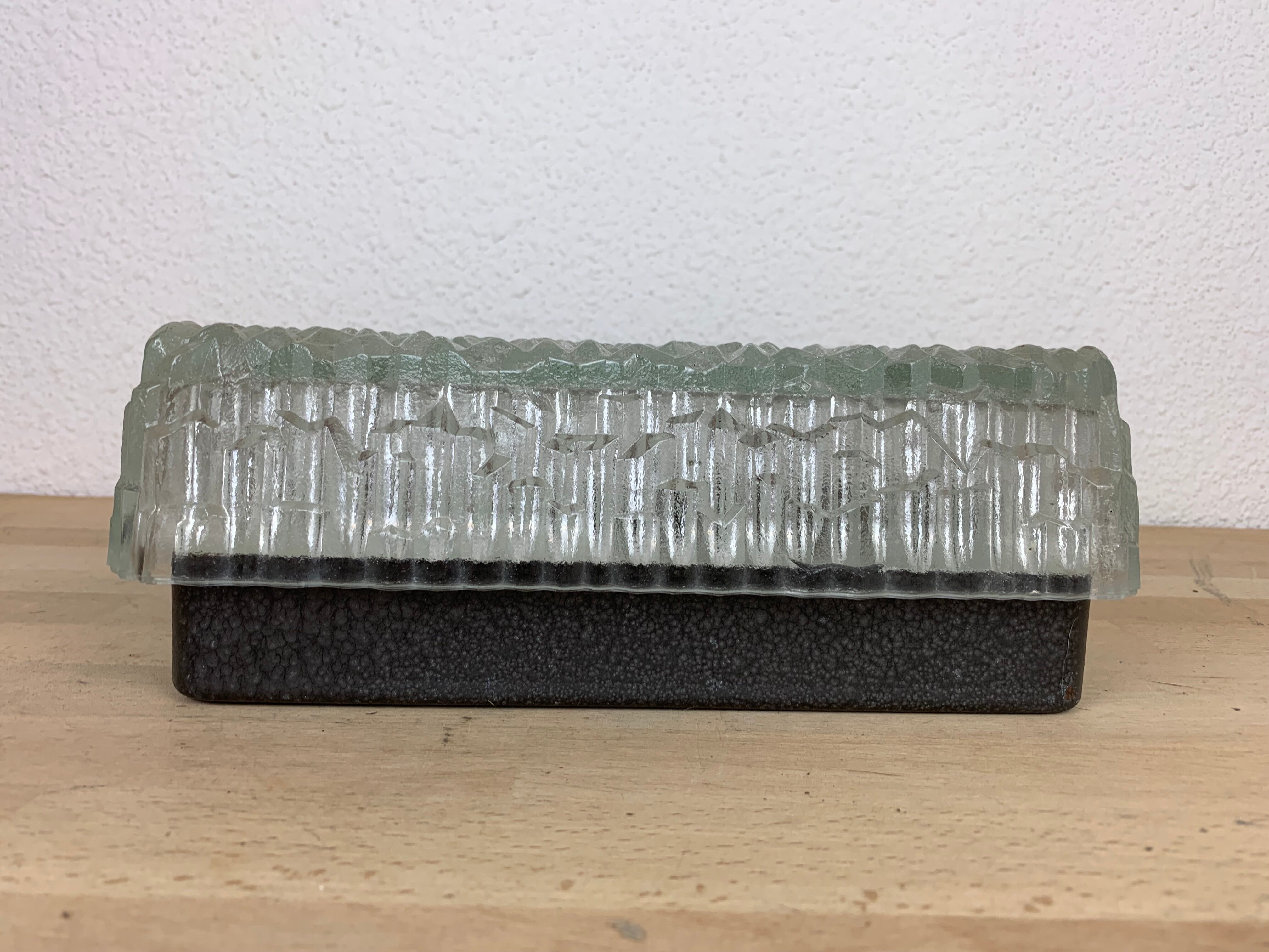 Holophane square wall lamp in chiseled glass, 60s, ceiling lamp