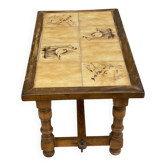 Table basse vintage 70s bois et carreaux céramique motifs oiseaux nature