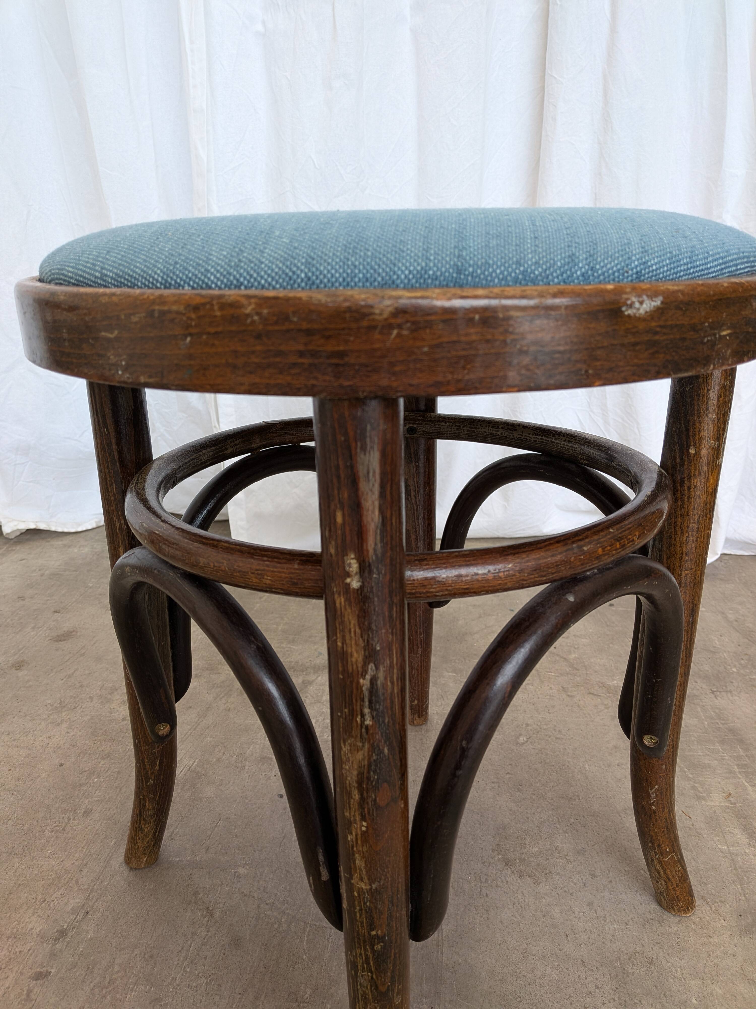 Pair of Vintage Bentwood Stools / Thonet Style / Upholstered Seat in Blue