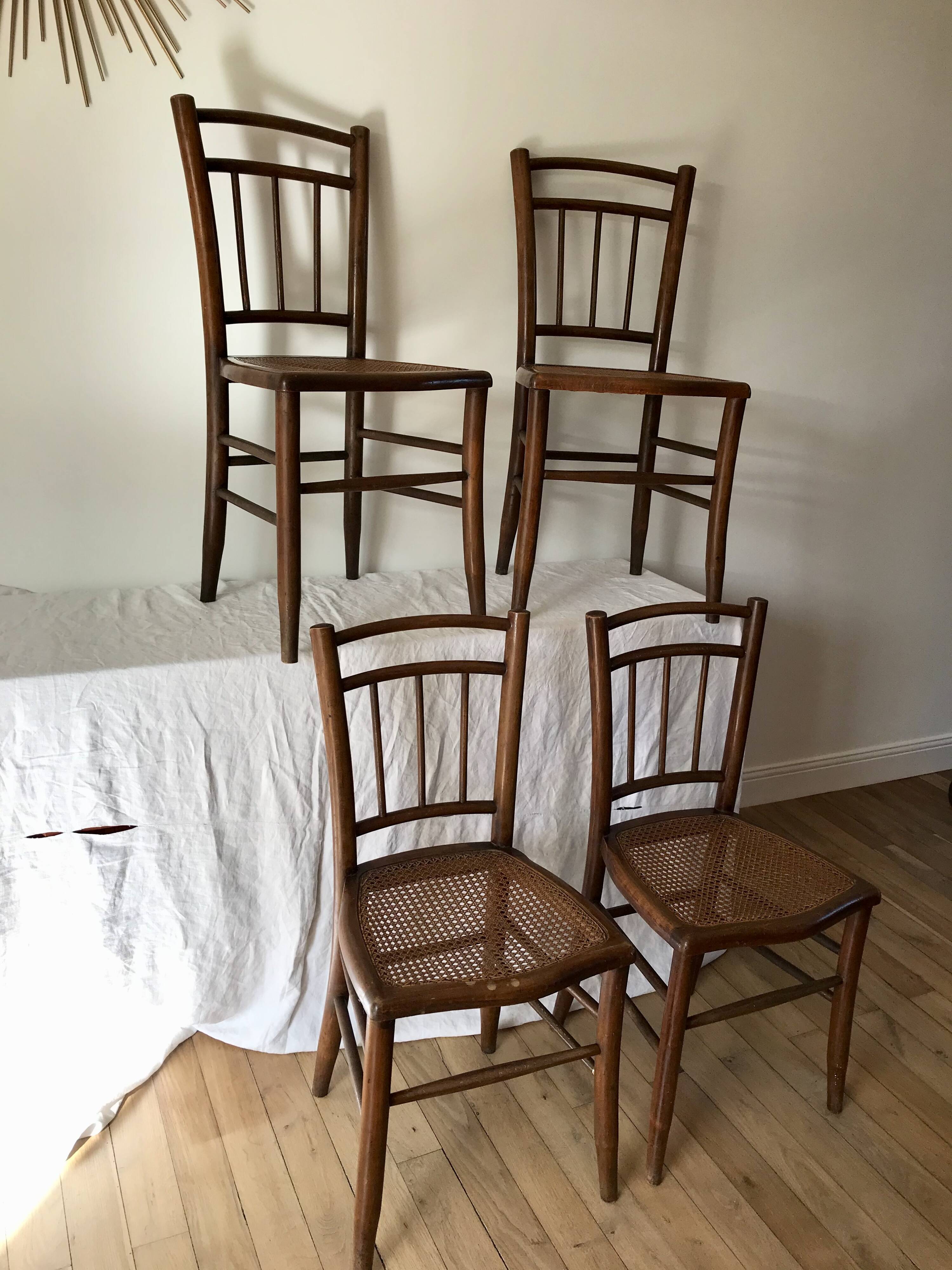set of 4 bistro chairs in turned wood and canework stamped early 20th century