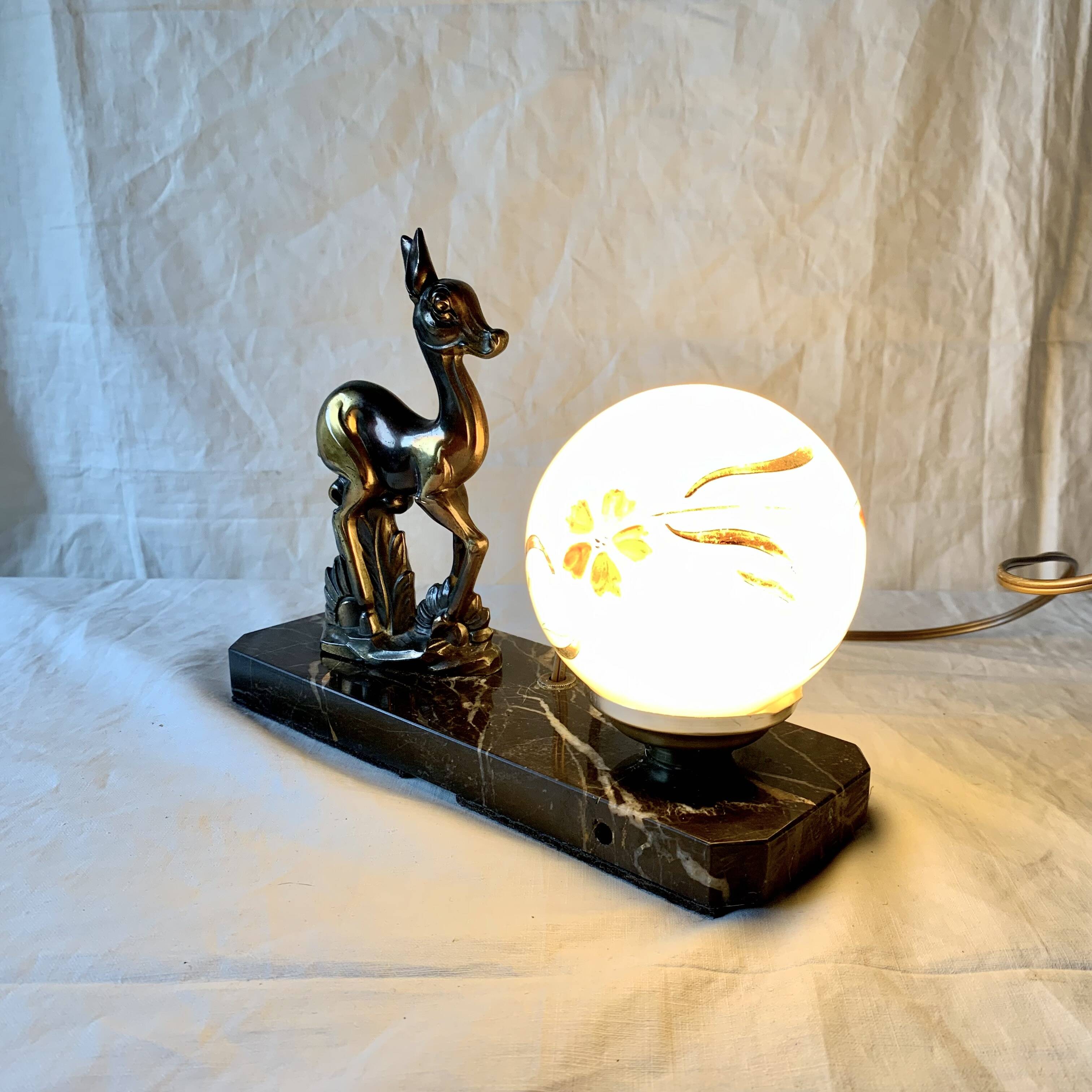 Art Deco bedside lamp - Globe and fawn on marble base
