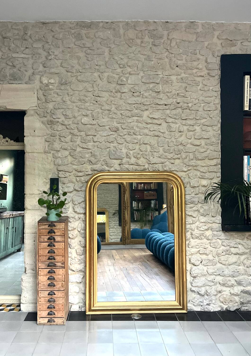 Antique mirror 136.5/98cm Louis-Philippe pearl-gilded with gold leaf.