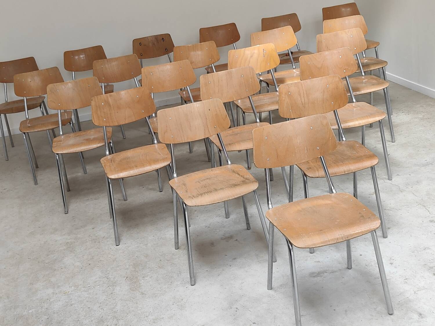 Set of 22 Kovona chrome and wood restaurant chairs