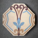 Antique earthenware tile, thick, octagonal shape, polychrome patterns