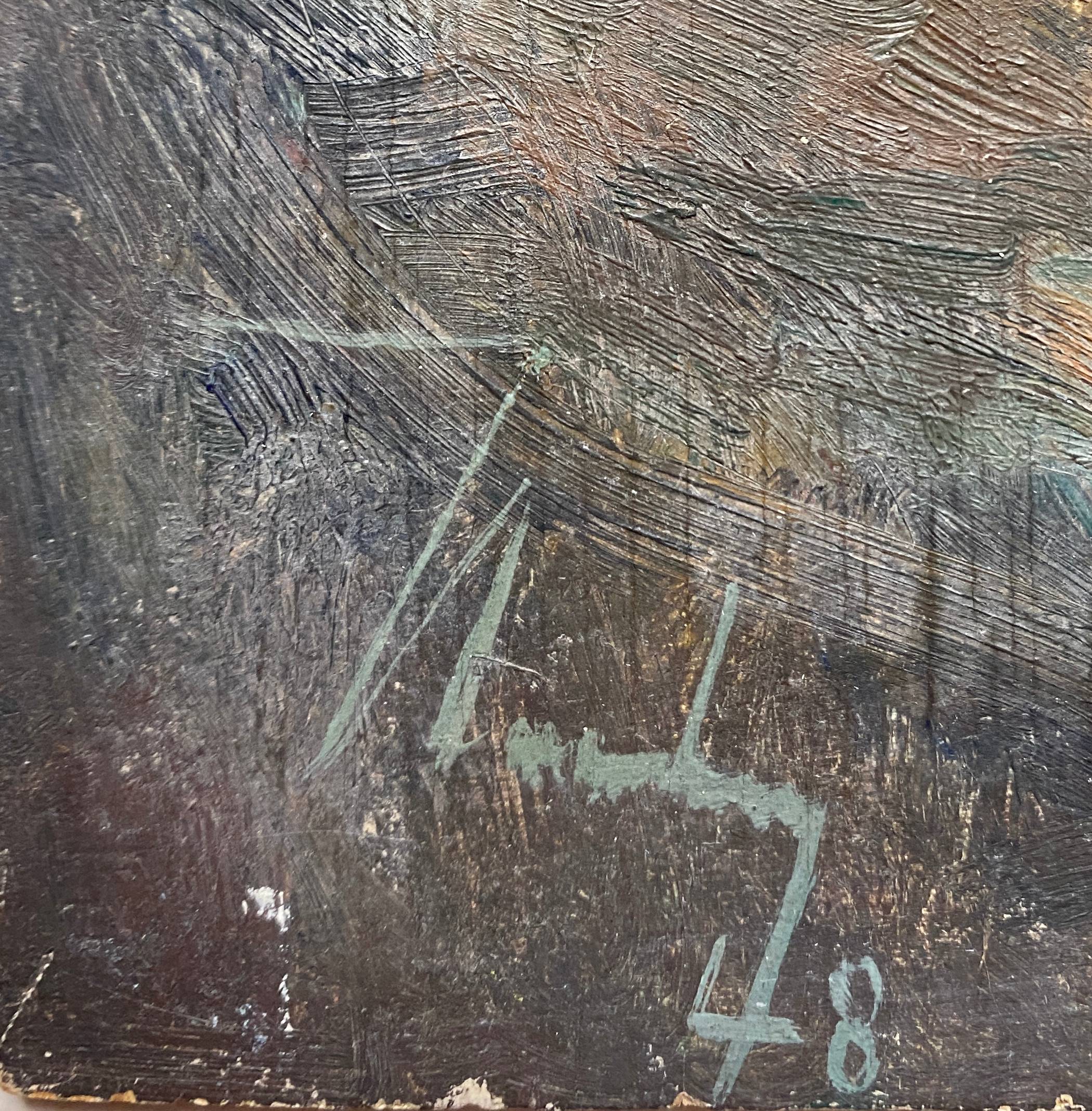 Table "Village and boats by the sea" Marine Bretagne signed 1948