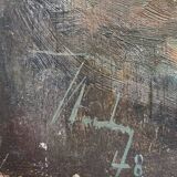 Table "Village and boats by the sea" Marine Bretagne signed 1948