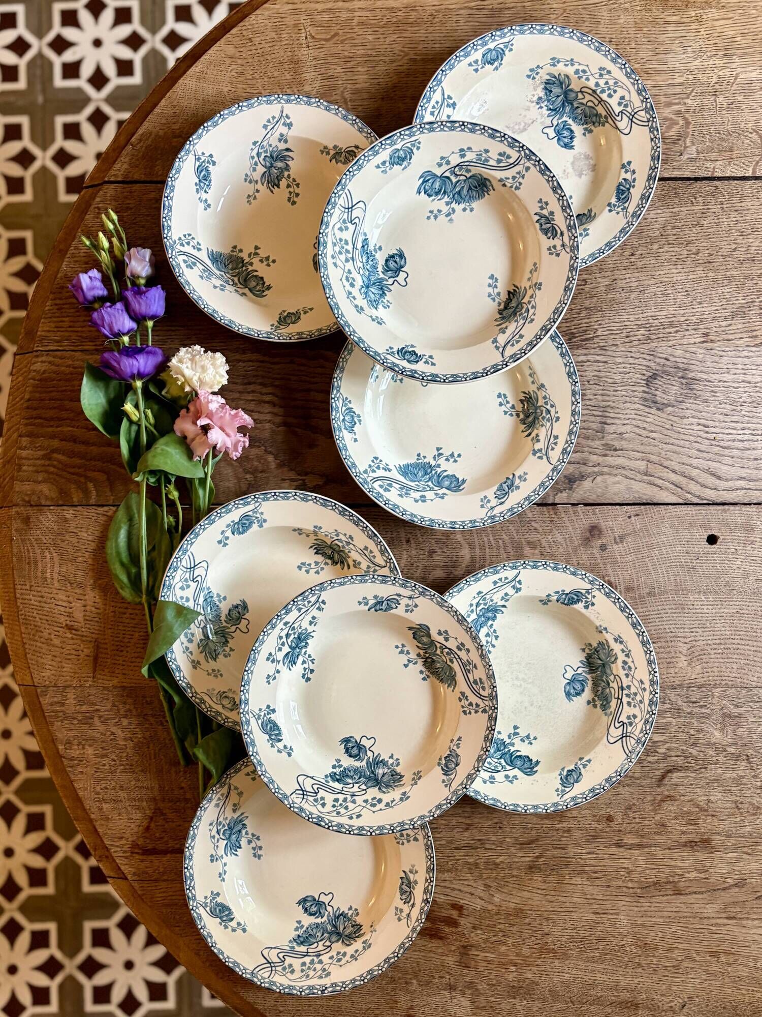 Set of 8 antique deep plates in ironstone, Royat from Sarreguemines.