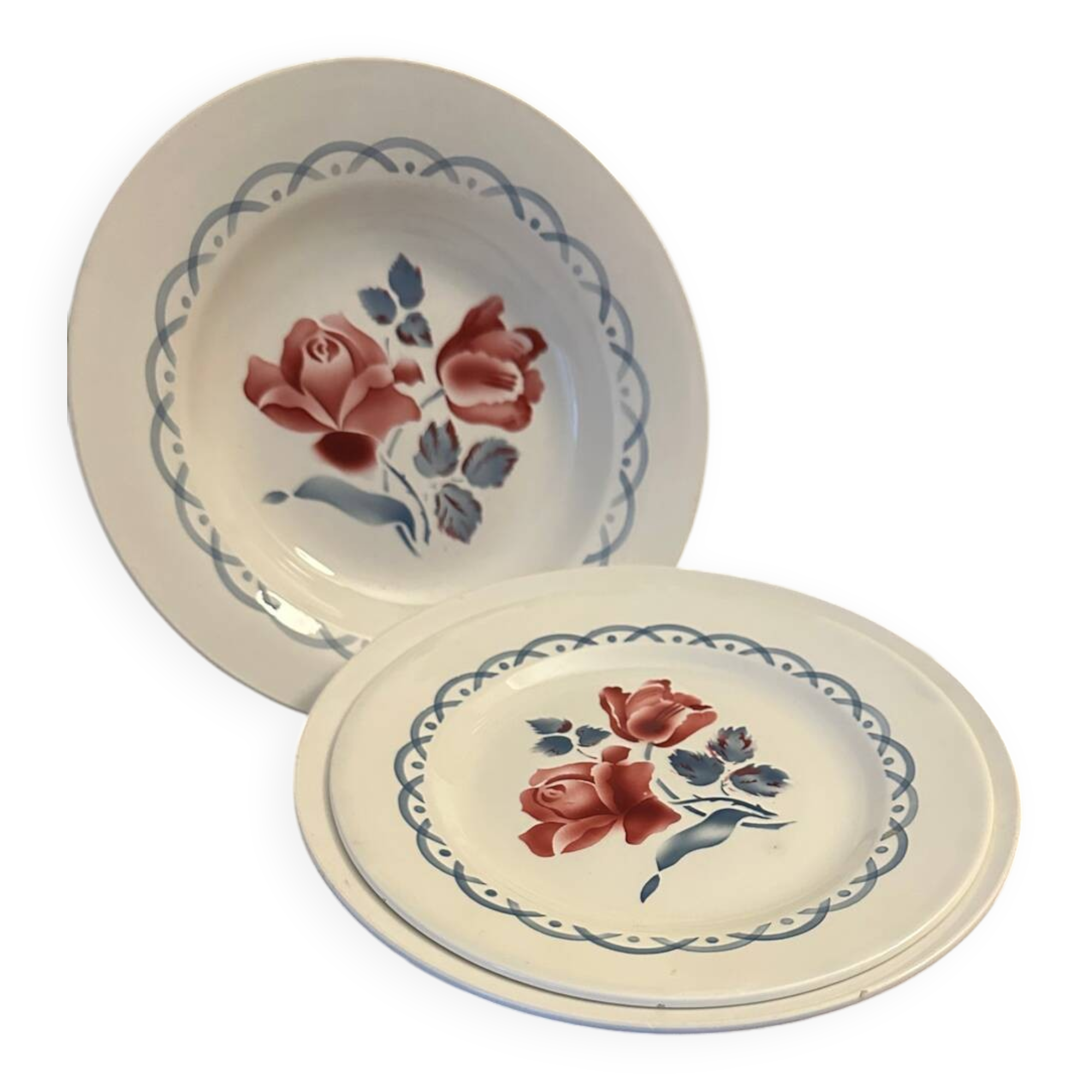 2 assiettes creuses, 1 assiette plate Digoin Sarreguemines service, "Cannes", 1930