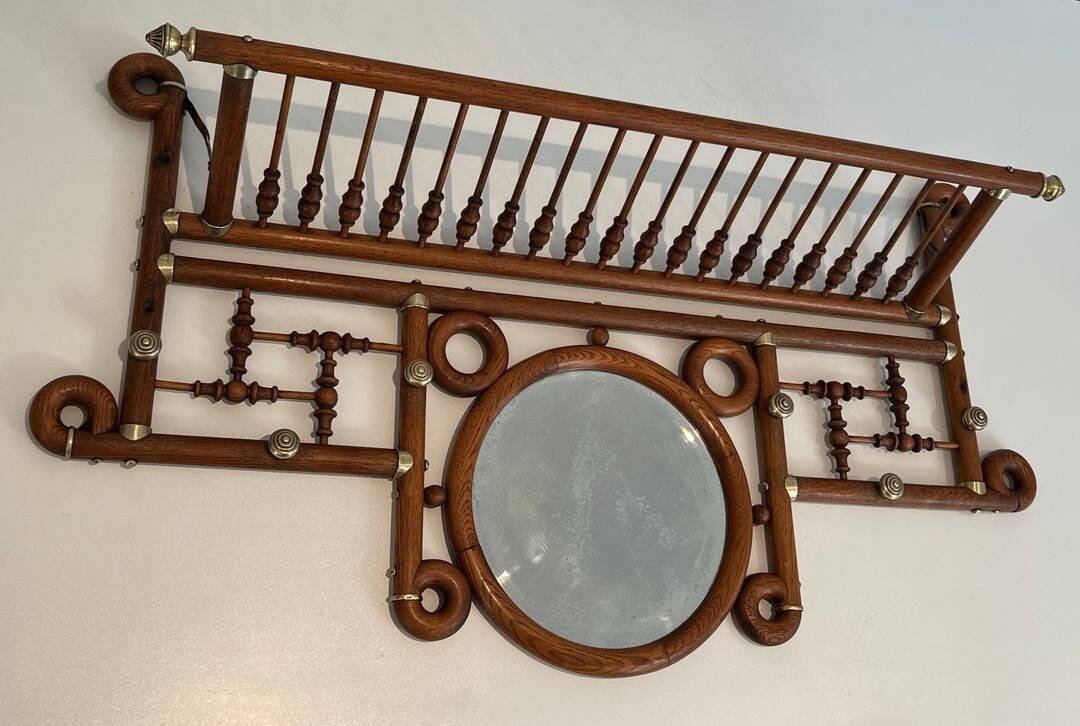 Curved Wooden and Brass Wall Coat Rack, Arts & Crafts, Austria, glass