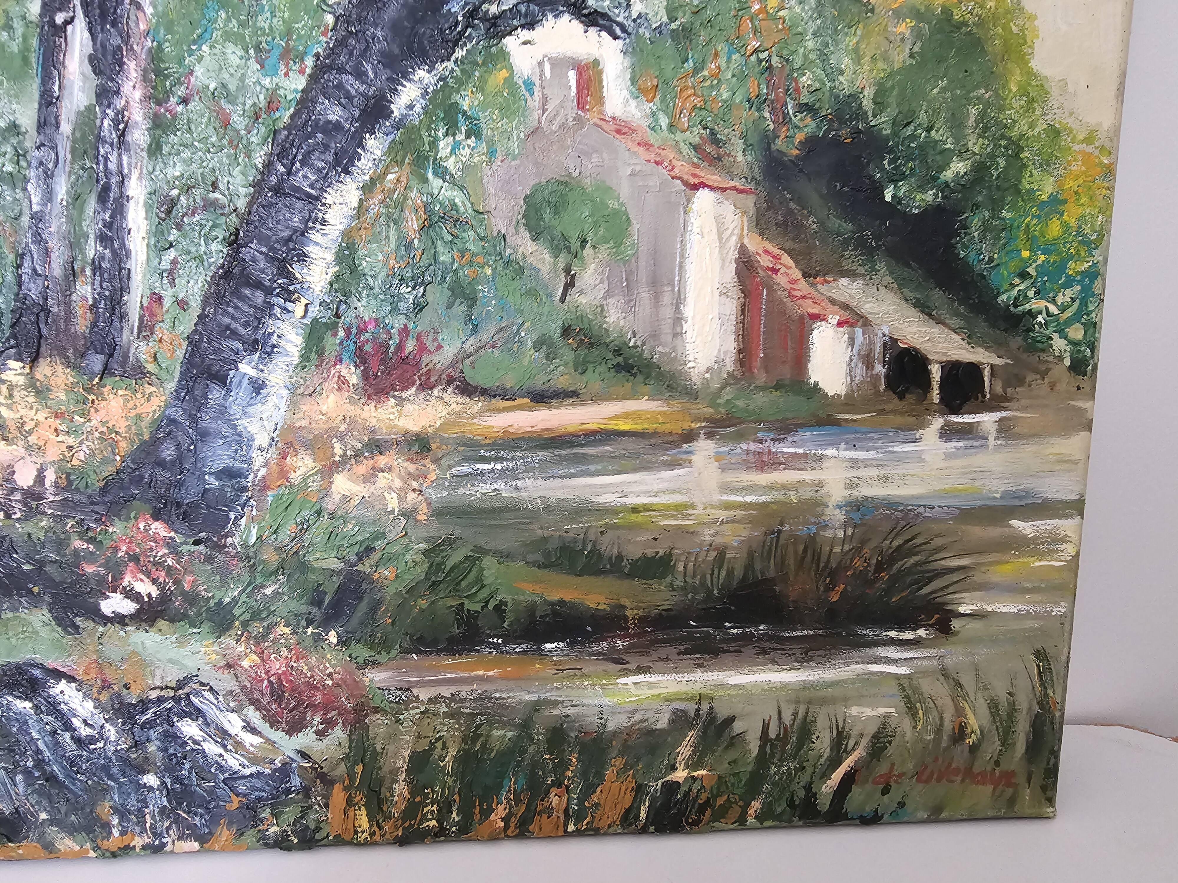 Tableau - Oil on canvas Verdant landscape river Signed M De Livenaye 197