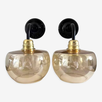 Pair of vintage amber glass wall lights