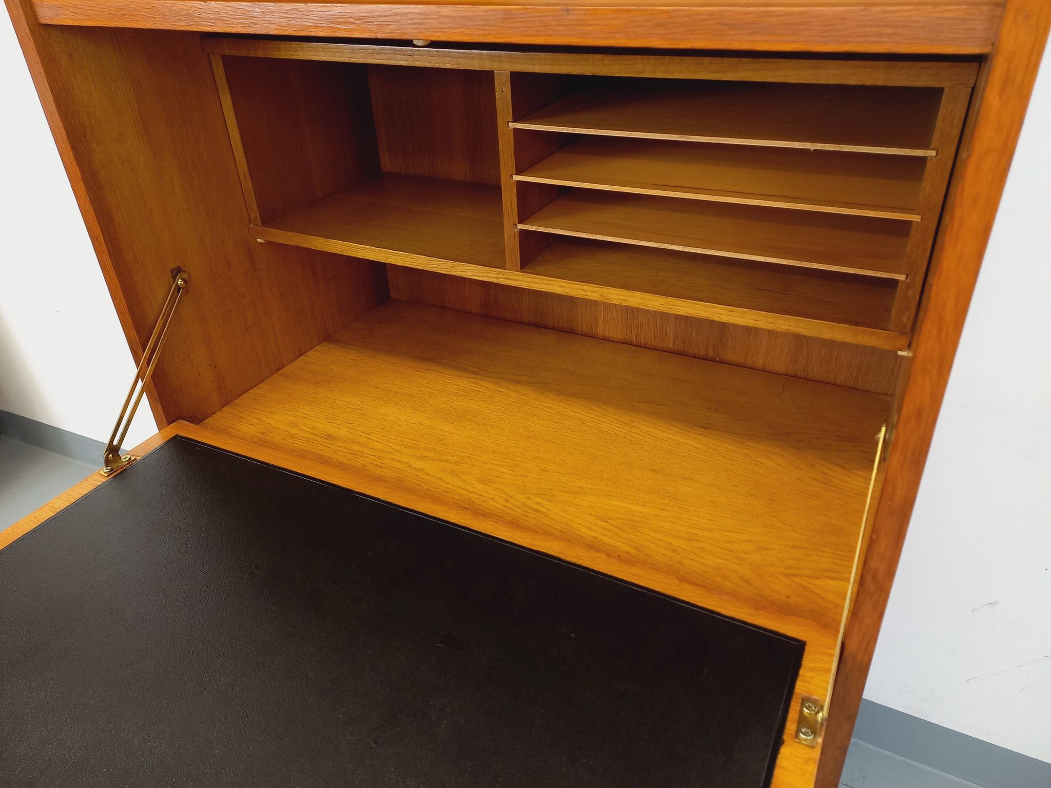 Vintage oak secretary storage furniture from the 1950s and 60s.