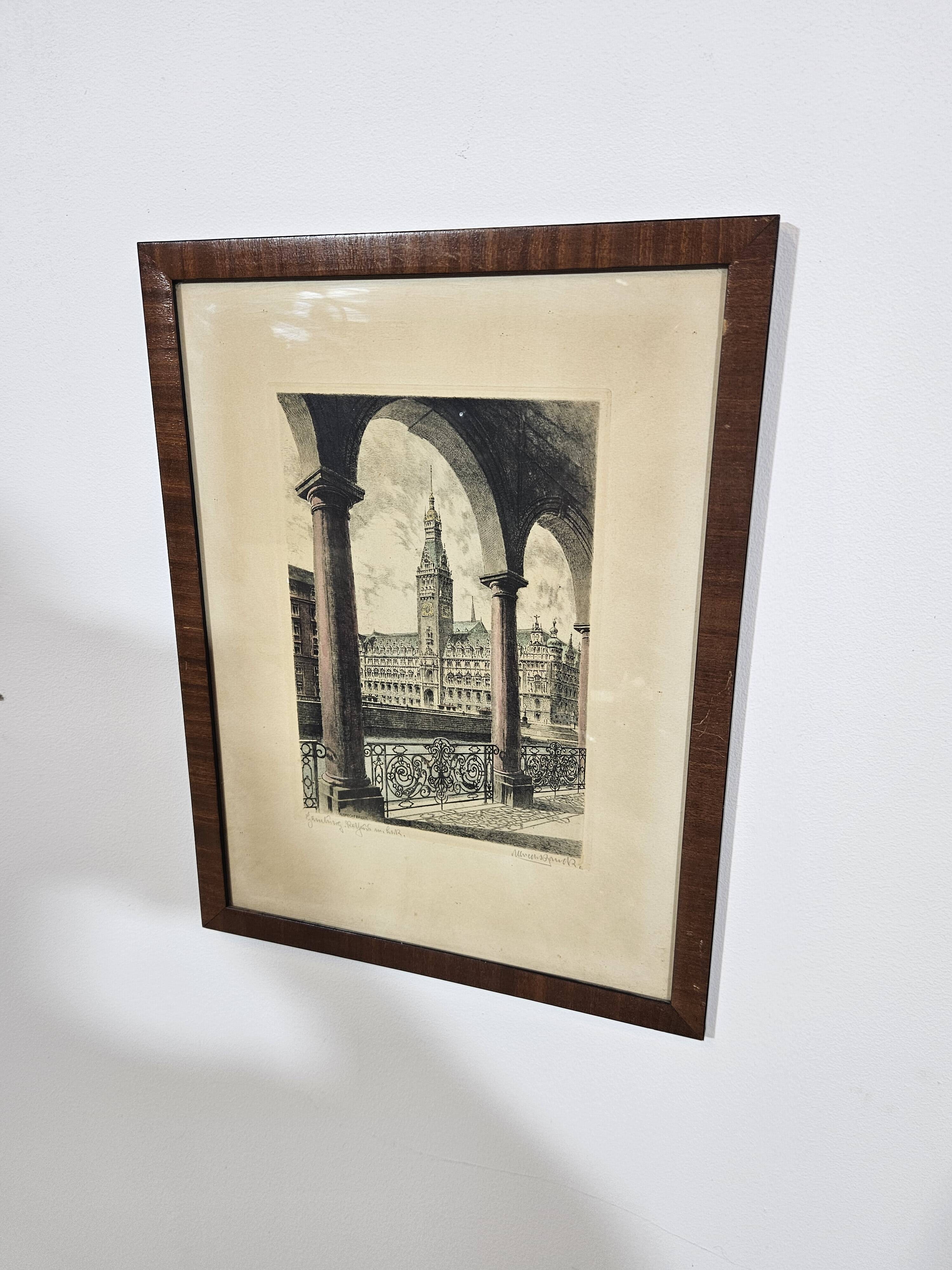 Etching "Town Hall in Hamburg" by Albrecht Bruck