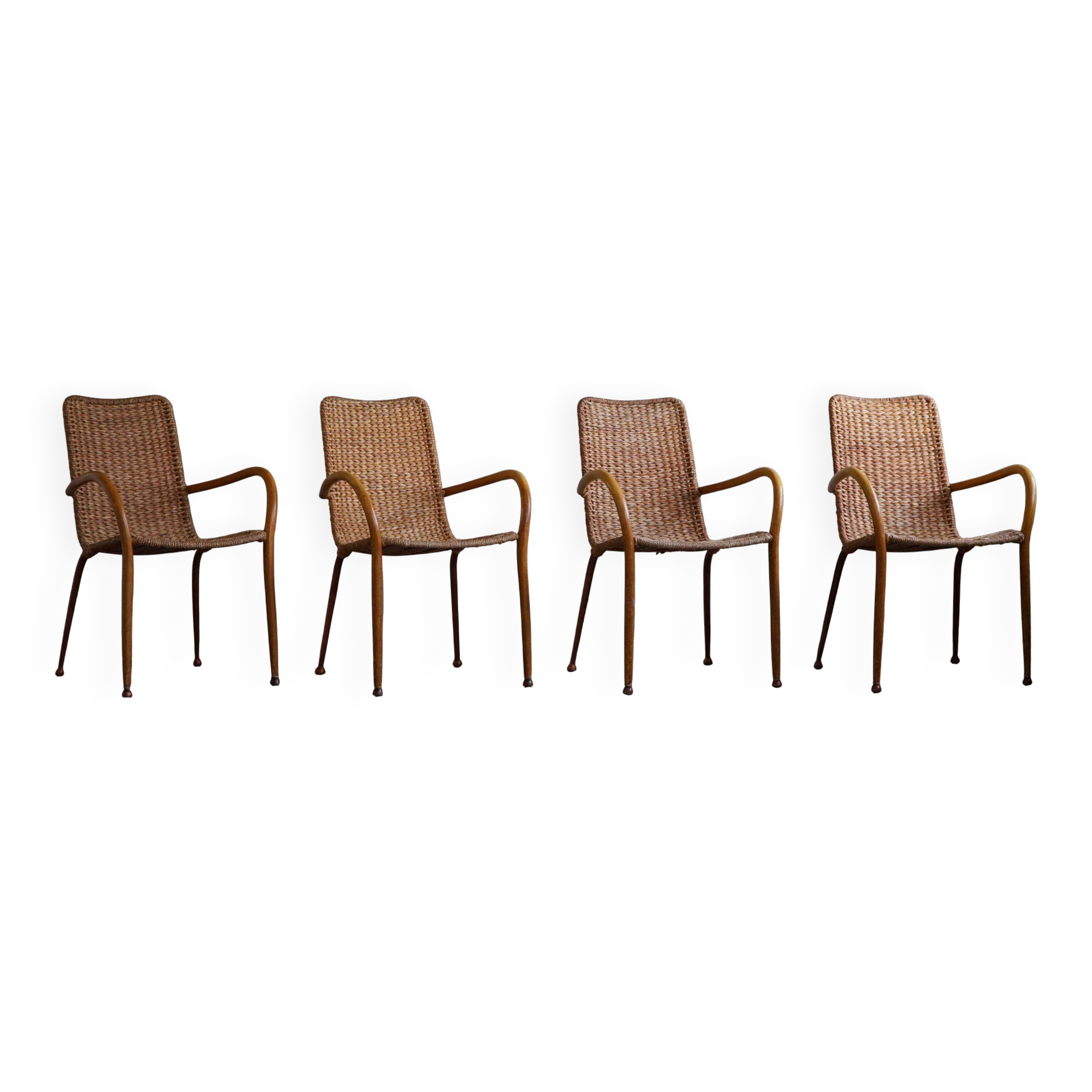 Set of 4 vintage Italian wicker and birch armchairs, mid-century modern, 1950.