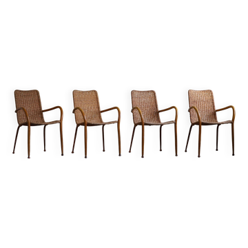 Ensemble de 4 fauteuils vintage italiens en osier et bouleau, modernisme du milieu du siècle, 1950