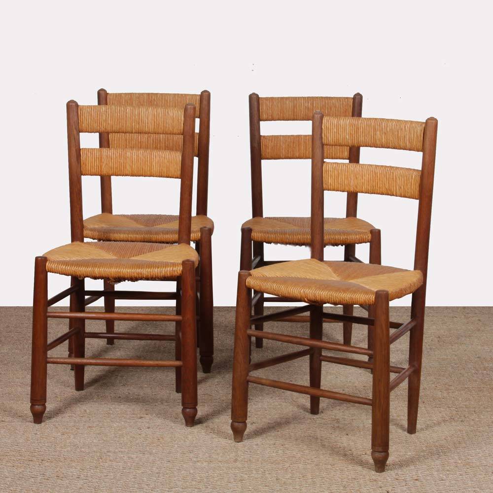Set of 4 wooden chairs with rush seats, French work, 1950.