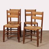 Set of 4 wooden chairs with rush seats, French work, 1950.