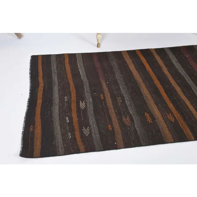 Vintage Turkish Hand-Knotted Wool Cotton Brown Kilim Runner 101x190